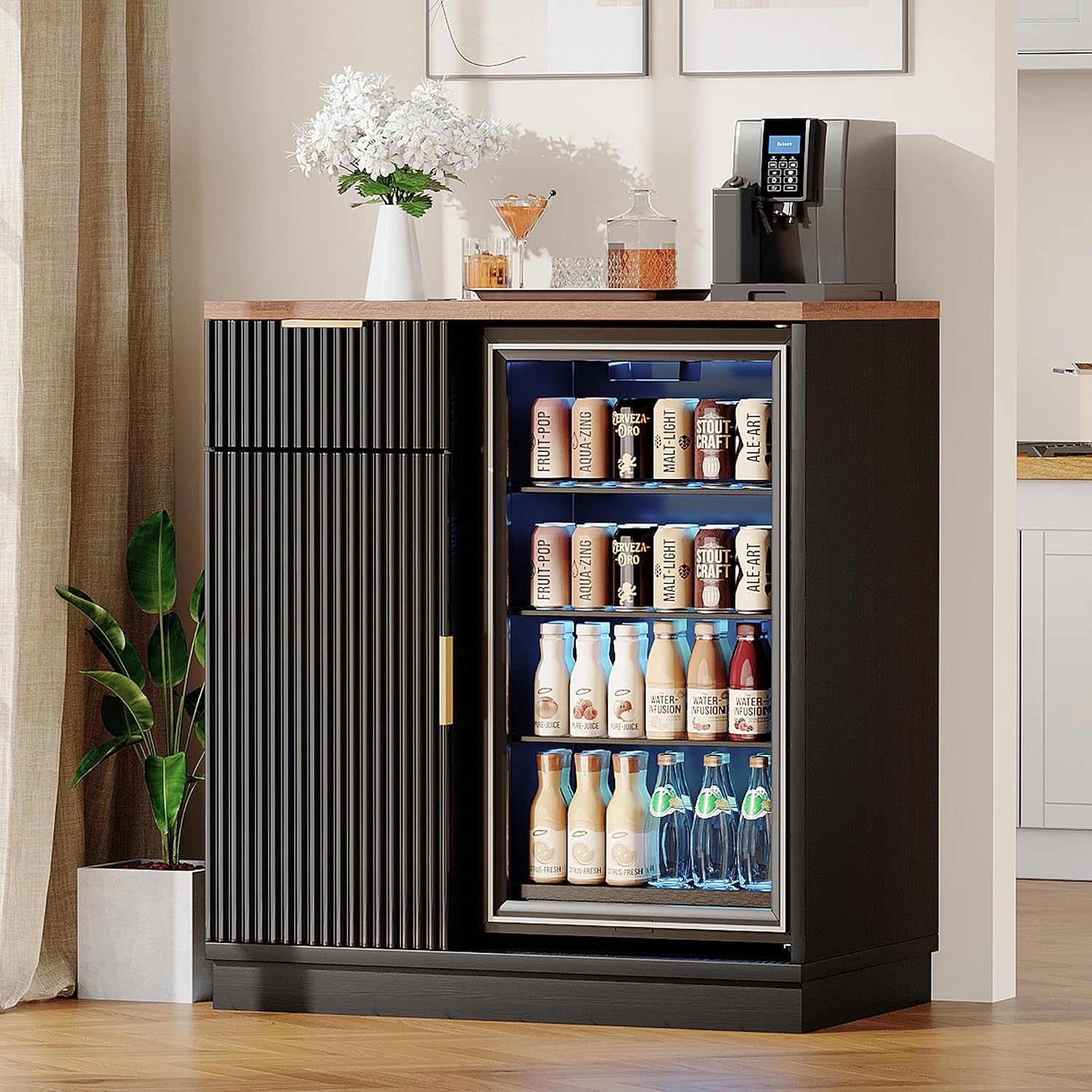 Home Bar And Fridge - ตู้บาร์กาแฟพร้อมช่องเก็บของเย็นและเต้ารับไฟฟ้า ตู้ข้างบานลิ้นชักและชั้นวางสำหรับห้องครัวและห้องรับประทานอาหารในบ้าน สามารถปรับแต่งได้