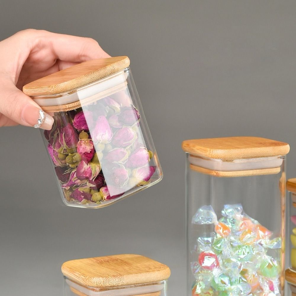 Highball Glass Set - 150/210/300/370/450ml Borosilicate แก้วปิดผนึกโปร่งใสพร้อมฝาปิดไม้ไผ่แก้ว Jar อุปกรณ์จัดเก็บข้อมูลความชื้น