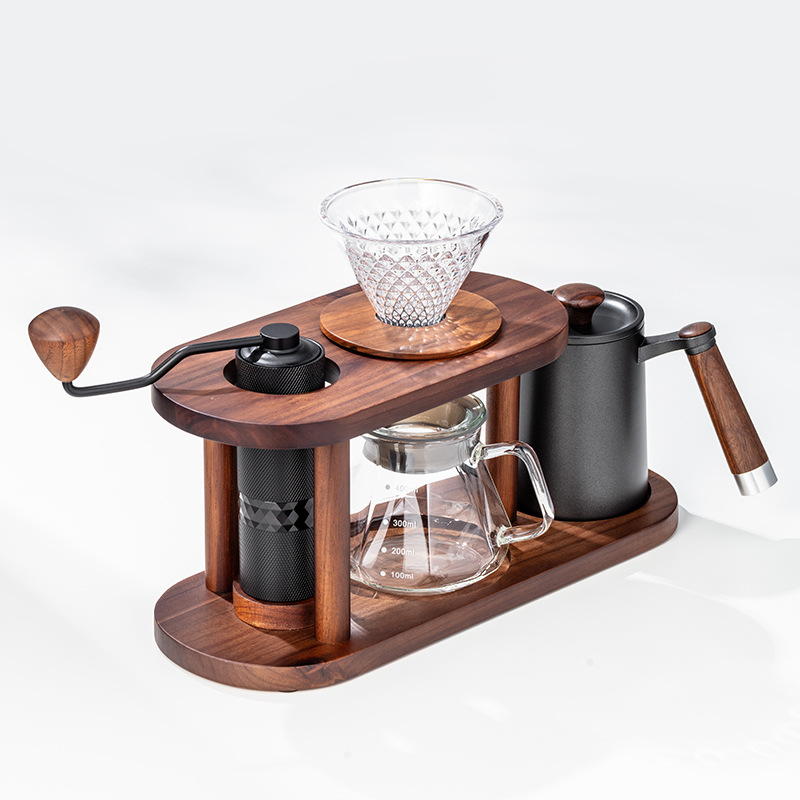 Home Bar Stand - ชุดกาแฟดริปพร้อมแก้วเซรามิก ชุดกาแฟแบบ Pour Over พร้อมขาตั้งไม้เนื้อแข็ง ชั้นวางเก็บอุปกรณ์
