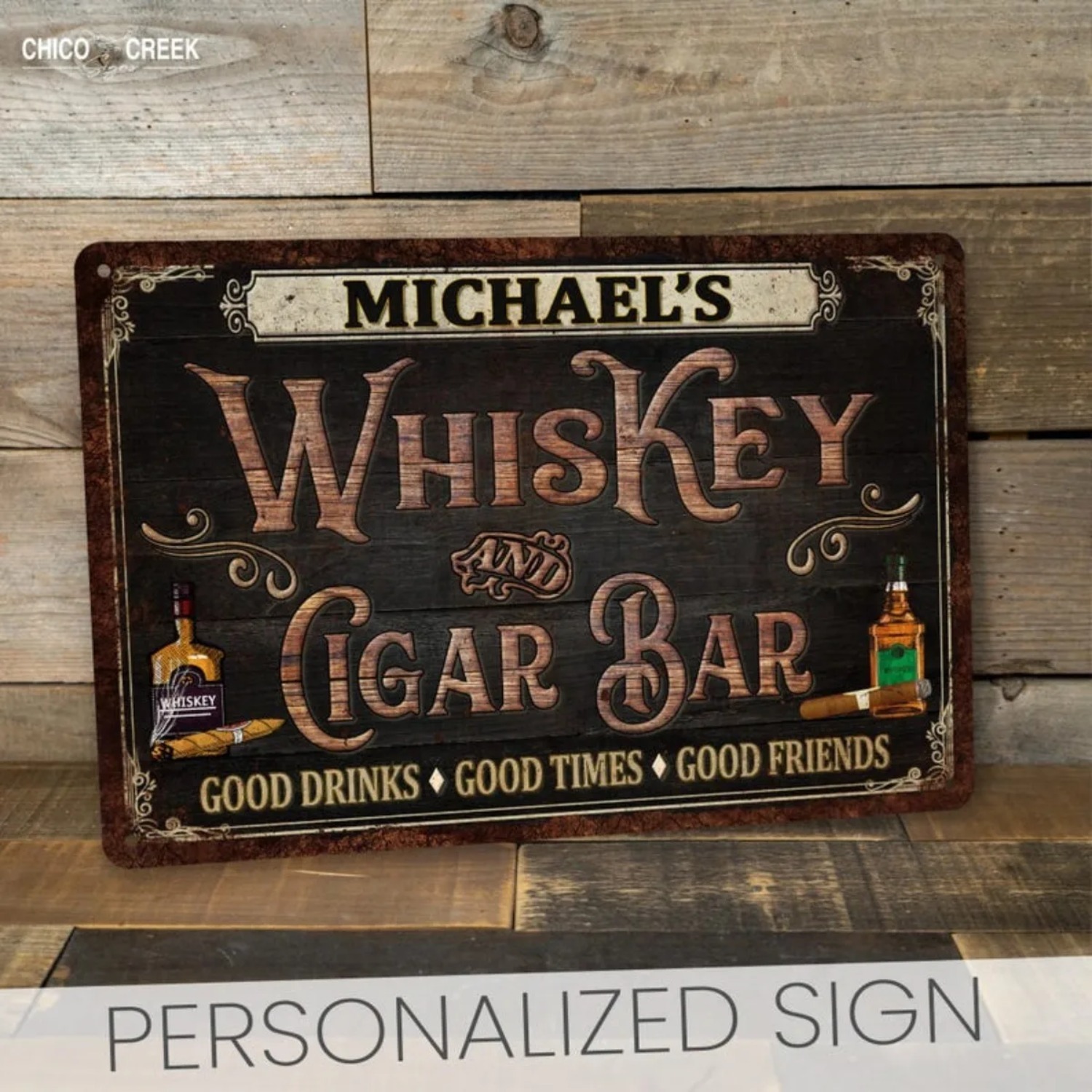 Home Bar Signs - ป้ายบาร์วิสกี้และซิการ์วินเทจแบบปรับแต่งได้ตามต้องการ, ของตกแต่งผนังบาร์ในบ้านสำหรับห้องพักผ่อนส่วนตัว, ของขวัญวันพ่อที่เหมาะสำหรับคุณพ่อ (ของตกแต่ง)