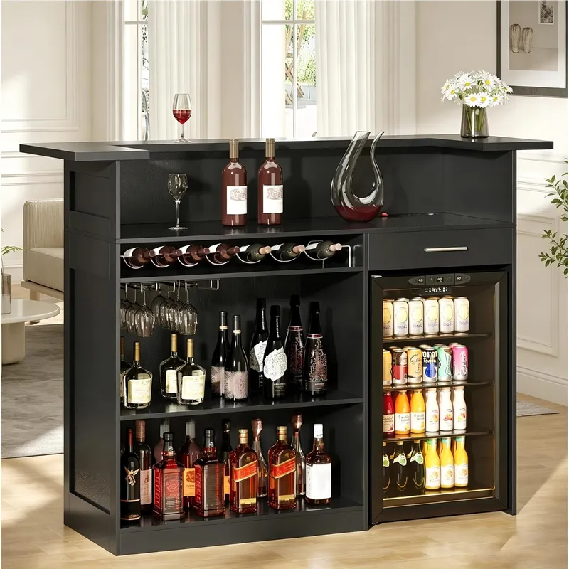 Home Bar And Fridge - ตู้บาร์สำหรับบ้านรูปตัวยู พร้อมช่องเก็บตู้เย็น ตู้เก็บไวน์และเครื่องดื่ม 4 ชั้น