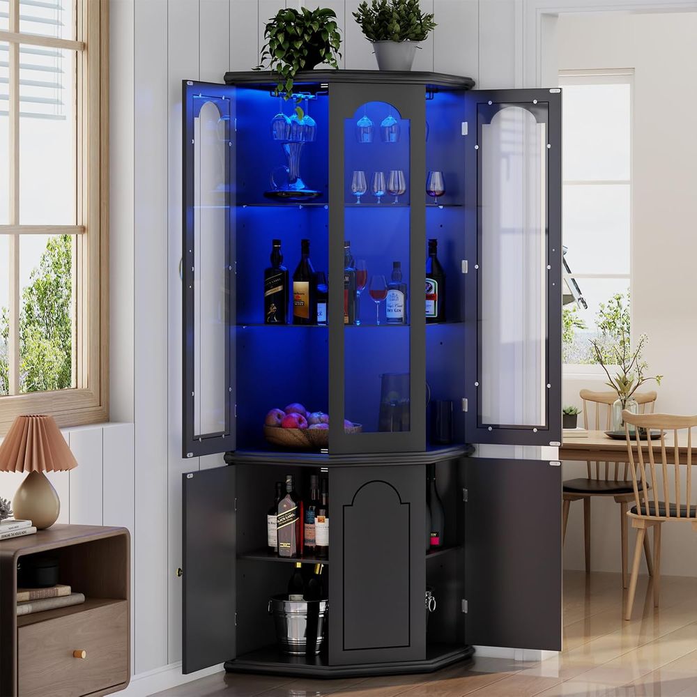 Home Bar And Cabinet - ตู้บาร์แบบมีไฟพร้อมประตูกระจกนิรภัย, ตู้เก็บไวน์ทรงสูง, ชั้นวางปรับระดับได้สำหรับบาร์ในบ้าน, เหมาะสำหรับห้องนั่งเล่น