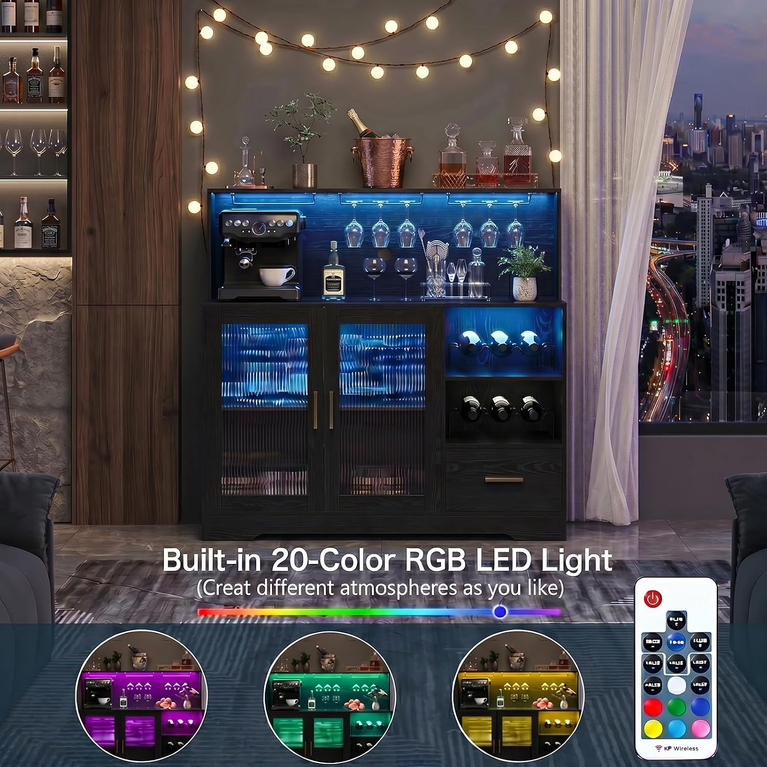 ตู้บาร์ไวน์สีดำ พร้อมไฟ LED แล - Home Bar And Cabinet บทวิจารณ์และราคา